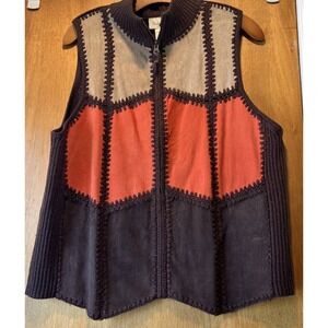Studio Works Suede Black Brown Patchwork Sweater Vest Womens Size XL Boho Hippie
